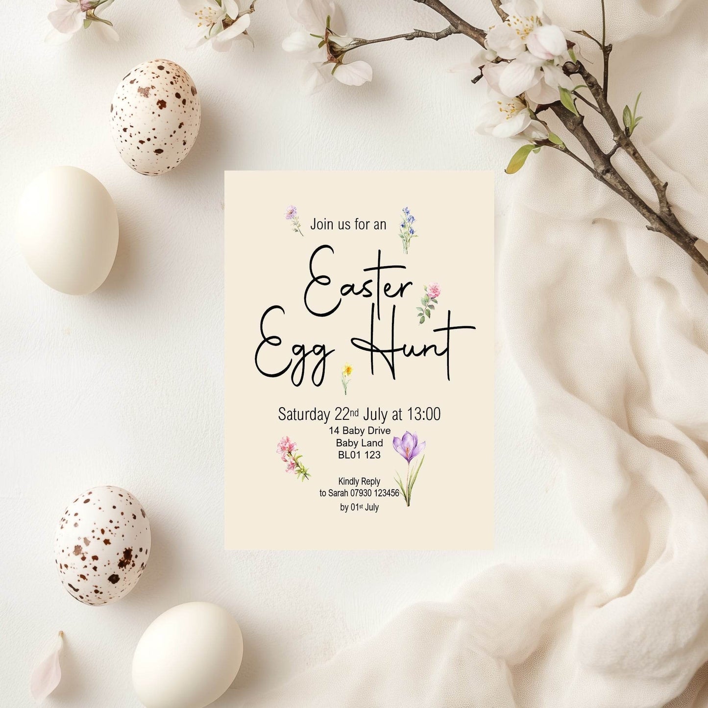 Spring Flowers Easter Egg Hunt Invitations & Envelopes | Pack of 10