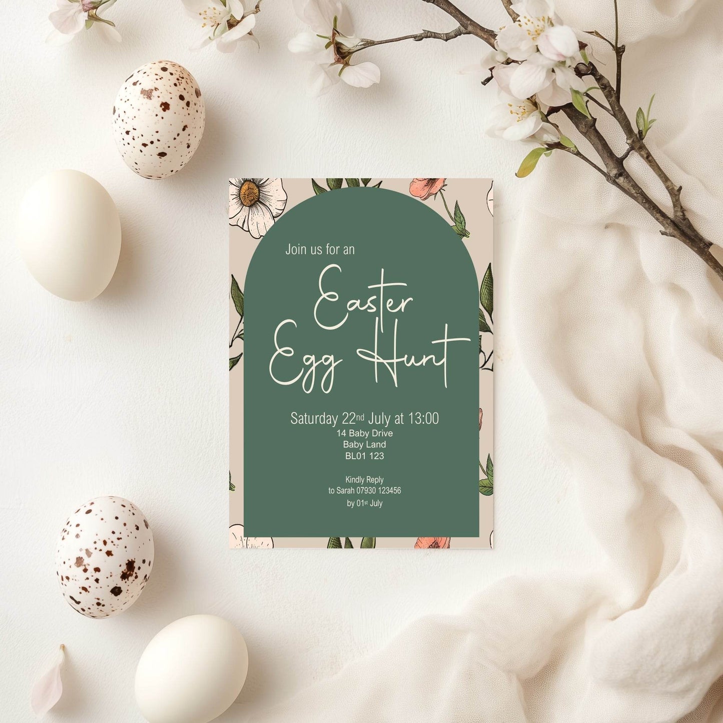 Forest Green Floral Arch Easter Egg Hunt Invitations & Envelopes | Pack of 10
