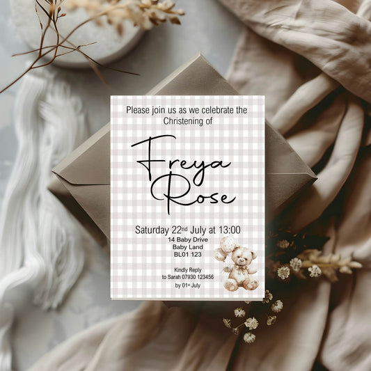 Checkered Bear Christening | Baptism Party Invitations & Envelopes | Pack of 10