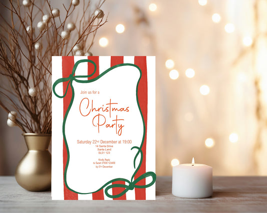 Red Stripe Christmas Party Invitations & Envelopes | Pack of 10