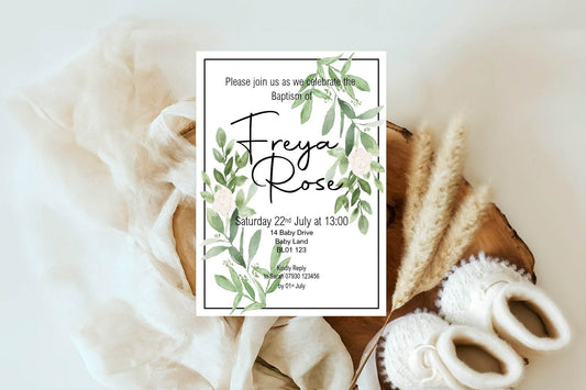 Green & White Rose Christening | Baptism Party Invitations & Envelopes | Pack of 10