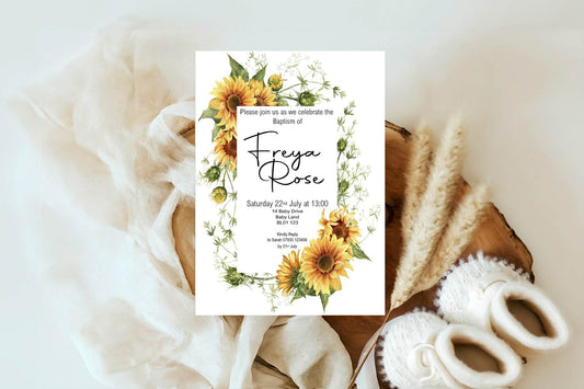 Sunflower Christening | Baptism Party Invitations & Envelopes | Pack of 10