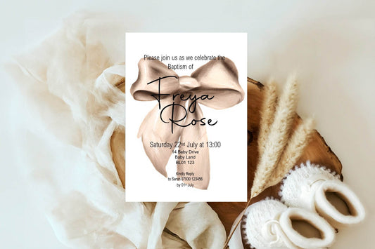 Bows Christening | Baptism Party Invitations & Envelopes | Pack of 10 | Beige, Pink or Blue