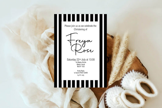 Black & White Stripe Christening | Baptism Party Invitations & Envelopes | Pack of 10