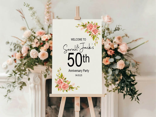 Pink Rose Welcome Anniversary Party Sign