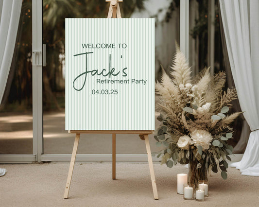Sage Green Stripe Welcome Retirement Party Sign
