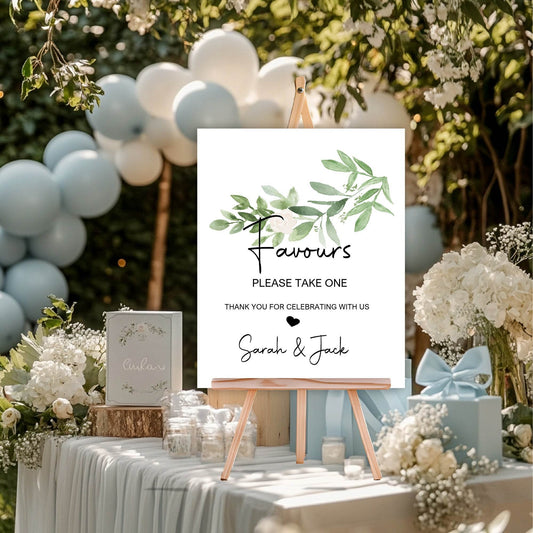 Green & White Rose Favours Wedding Party Sign