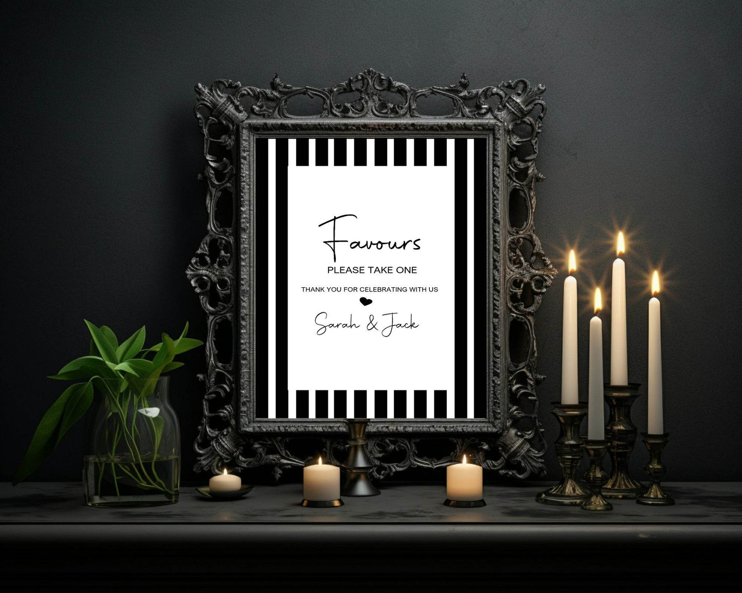 Black & White Stripe Favours To Our Wedding Party Sign