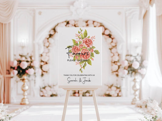 Pink Rose Favours Wedding Party Sign