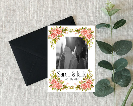 Pink Rose Photo Save The Date Wedding Party Cards & Envelopes | Pack of 10 Double Sided