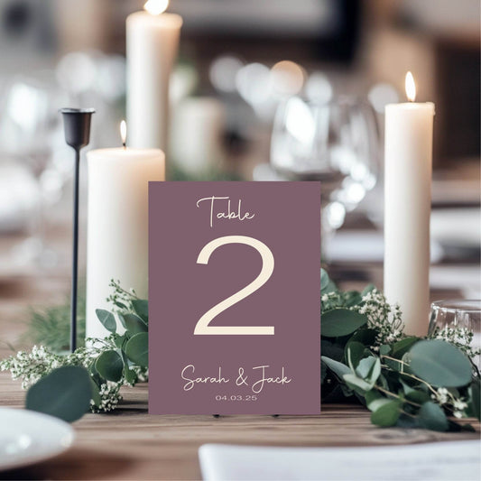 Heather Pack of Personalised Table Number Wedding Party Signs | A5