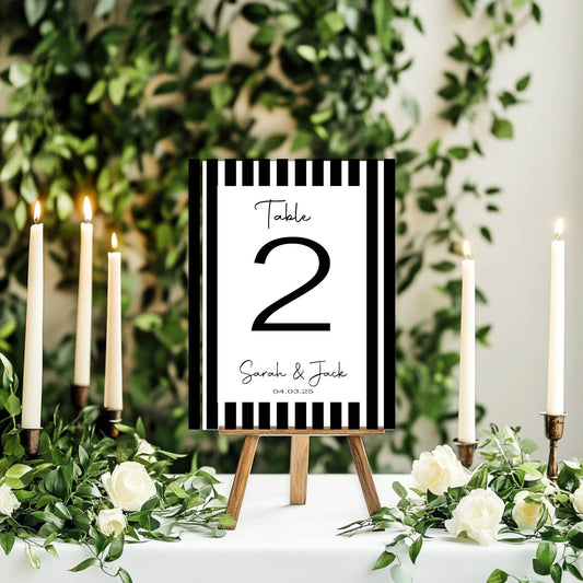 Black & White Stripe Pack of Personalised Table Number Wedding Party Signs