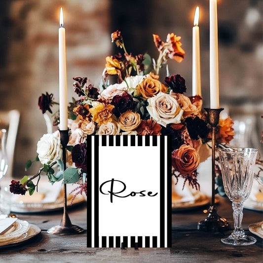 Black & White Stripe Pack of Table Names Wedding Party Signs