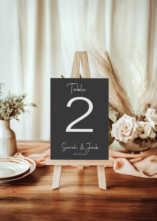 Minimalist Noir Pack of Personalised Table Number Wedding Party Signs