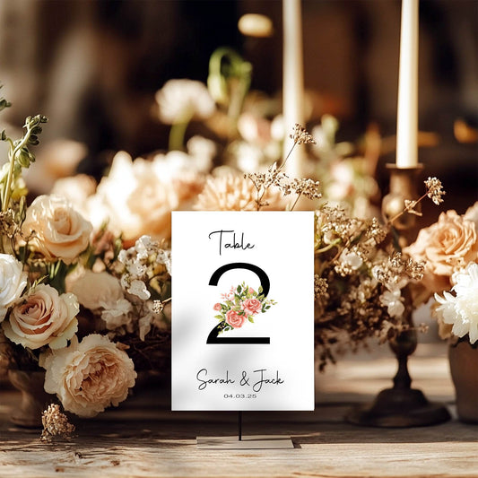 Pink Rose Pack of Personalised Table Number Wedding Party Signs | A5