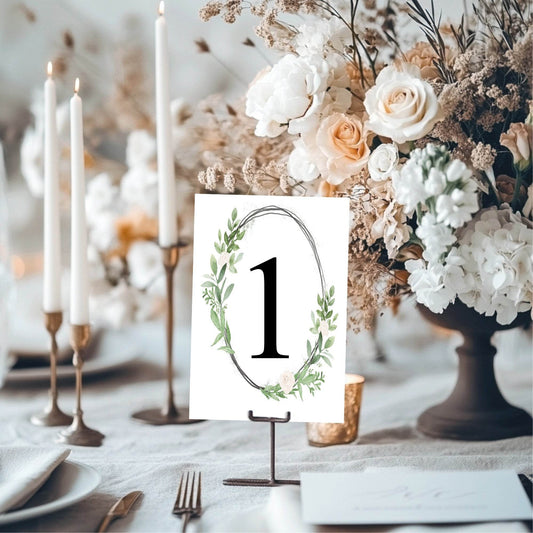 Green & White Rose Pack of Table Number Wedding Party Signs