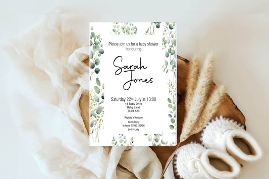 Eucalyptus Baby Shower Party Invitations & Envelopes | Pack of 10