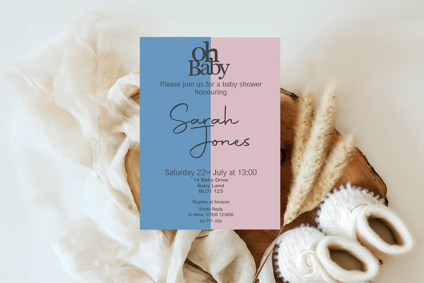 Oh Baby Blue & Pink Baby Shower Party Invitations & Envelopes | Pack of 10
