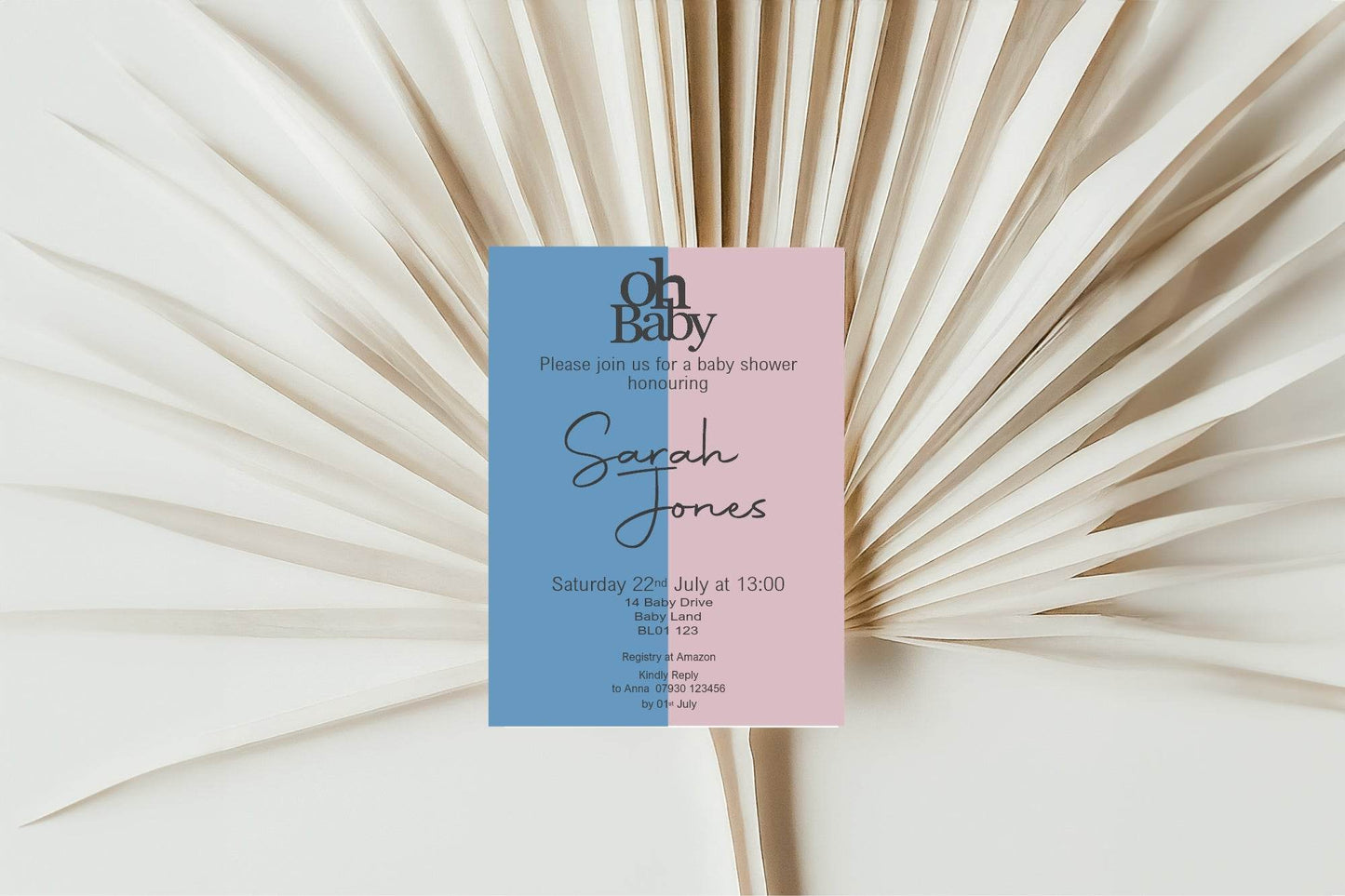 Oh Baby Blue & Pink Baby Shower Party Invitations & Envelopes | Pack of 10