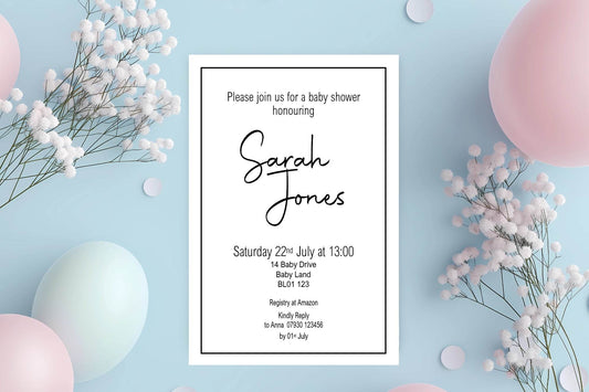 Minimalist Baby Shower Party Invitations & Envelopes | Black & White | Pack of 10