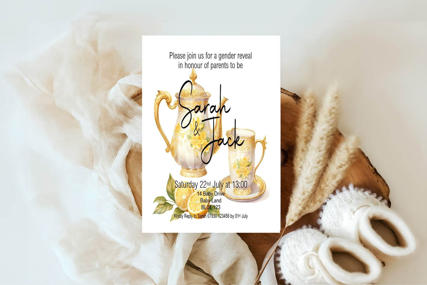 Lemon Tea Gender Reveal Party Invitations & Envelopes | Pack of 10