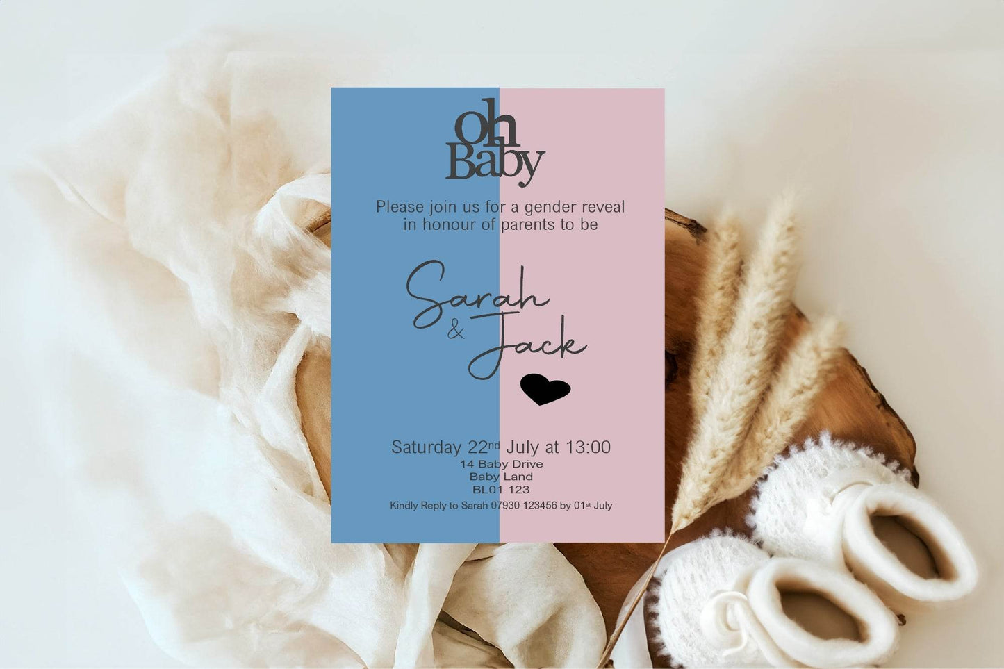 Oh Baby Gender Reveal Invitations & Envelopes | Pack of 10| Blue & Pink