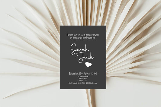 Minimalist Noir Gender Reveal Party Invitations & Envelopes | Pack of 10