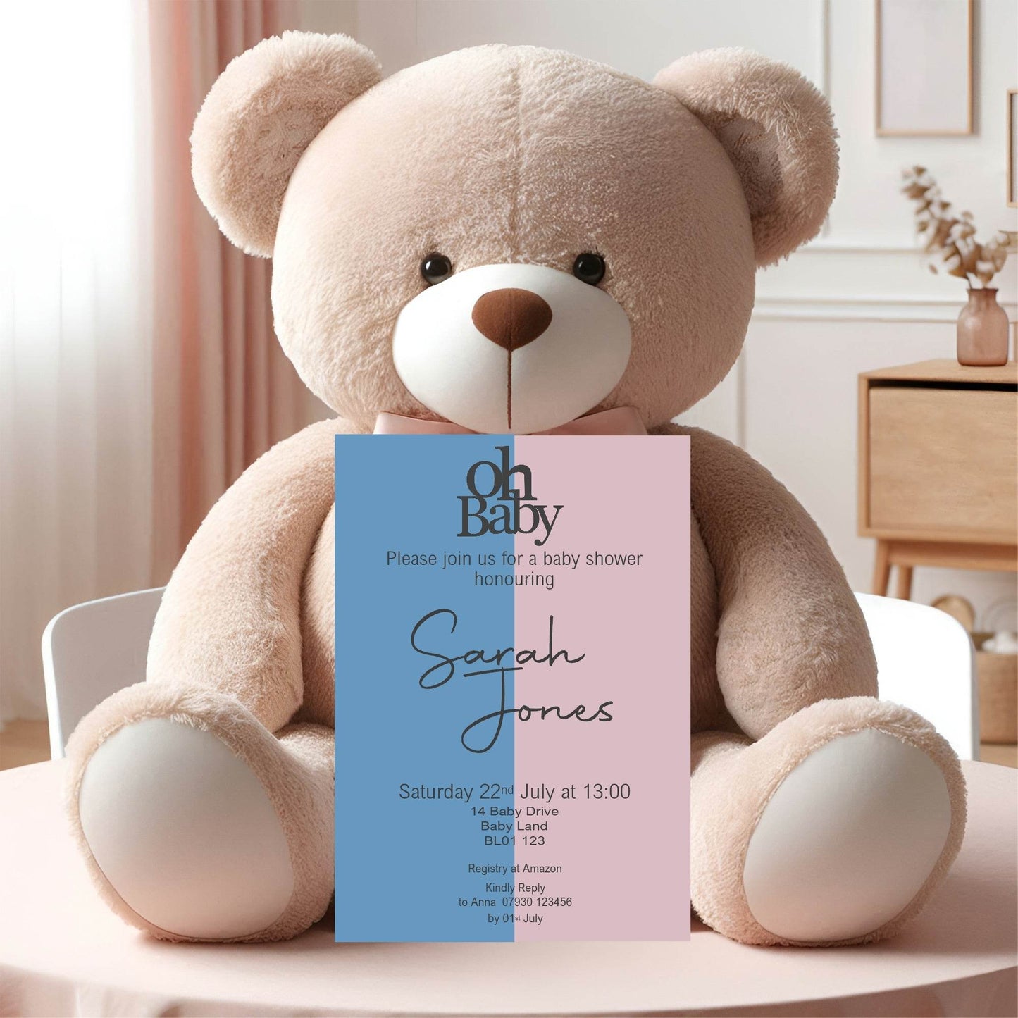 Oh Baby Blue & Pink Baby Shower Party Invitations & Envelopes | Pack of 10