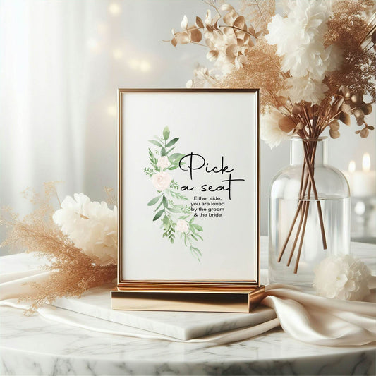 Green & White Rose Pick A Seat Wedding Party Sign