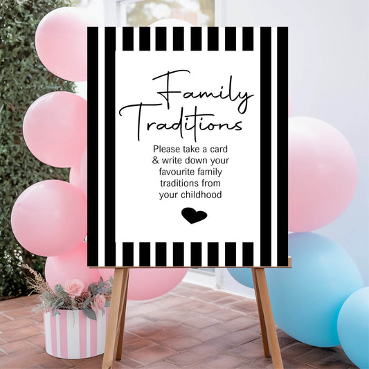 Black and White Stripe Family Traditions Baby Shower Party Sign
