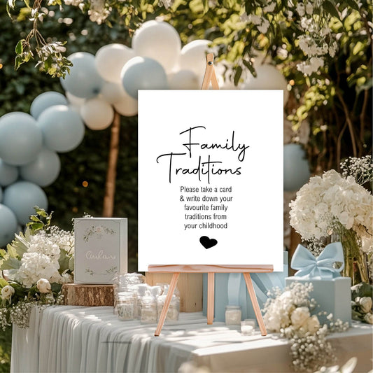 Minimalist Family Traditions Baby Shower Party Sign | Black & White