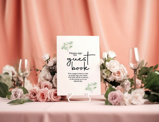 Green & White Rose Guest Book Wedding Party Sign