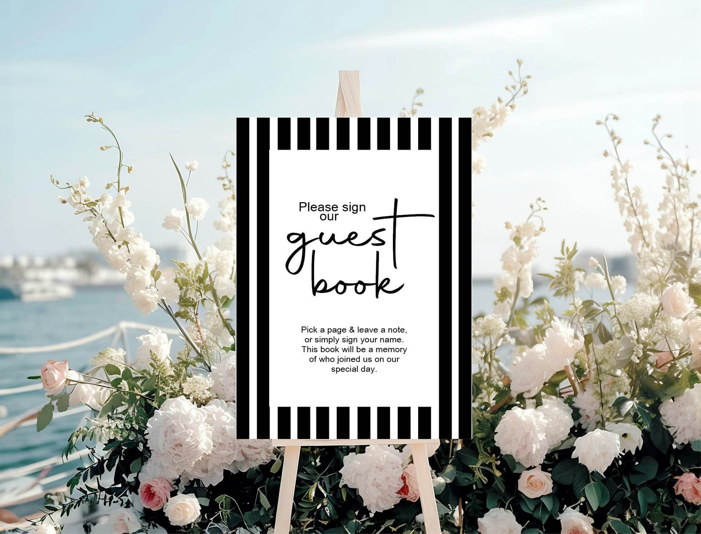 Black & White Stripe Guest Book Wedding Party Sign