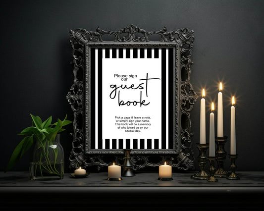 Black & White Stripe Guest Book Wedding Party Sign