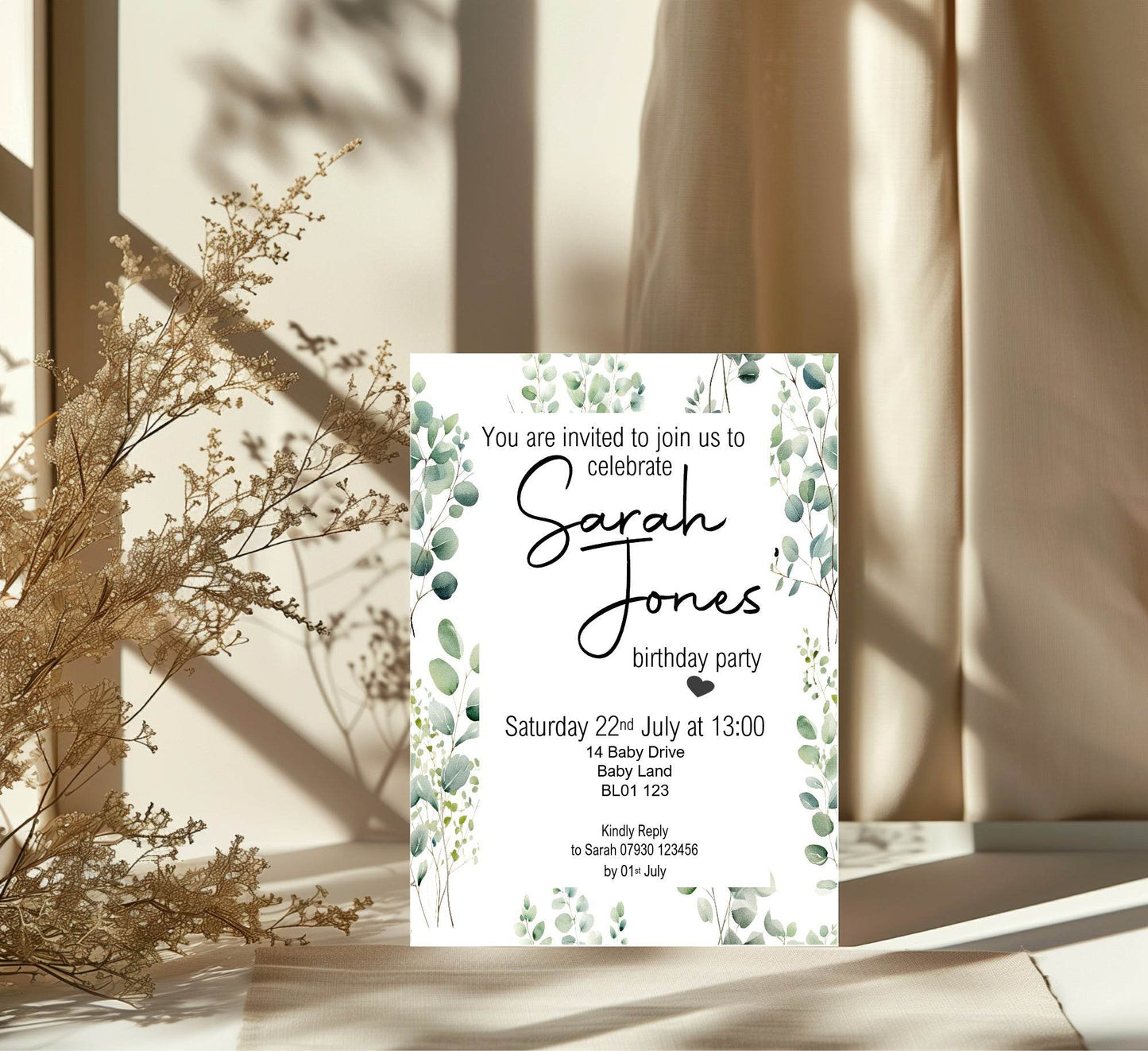 Eucalyptus Birthday Party Invitations & Envelopes | Pack of 10