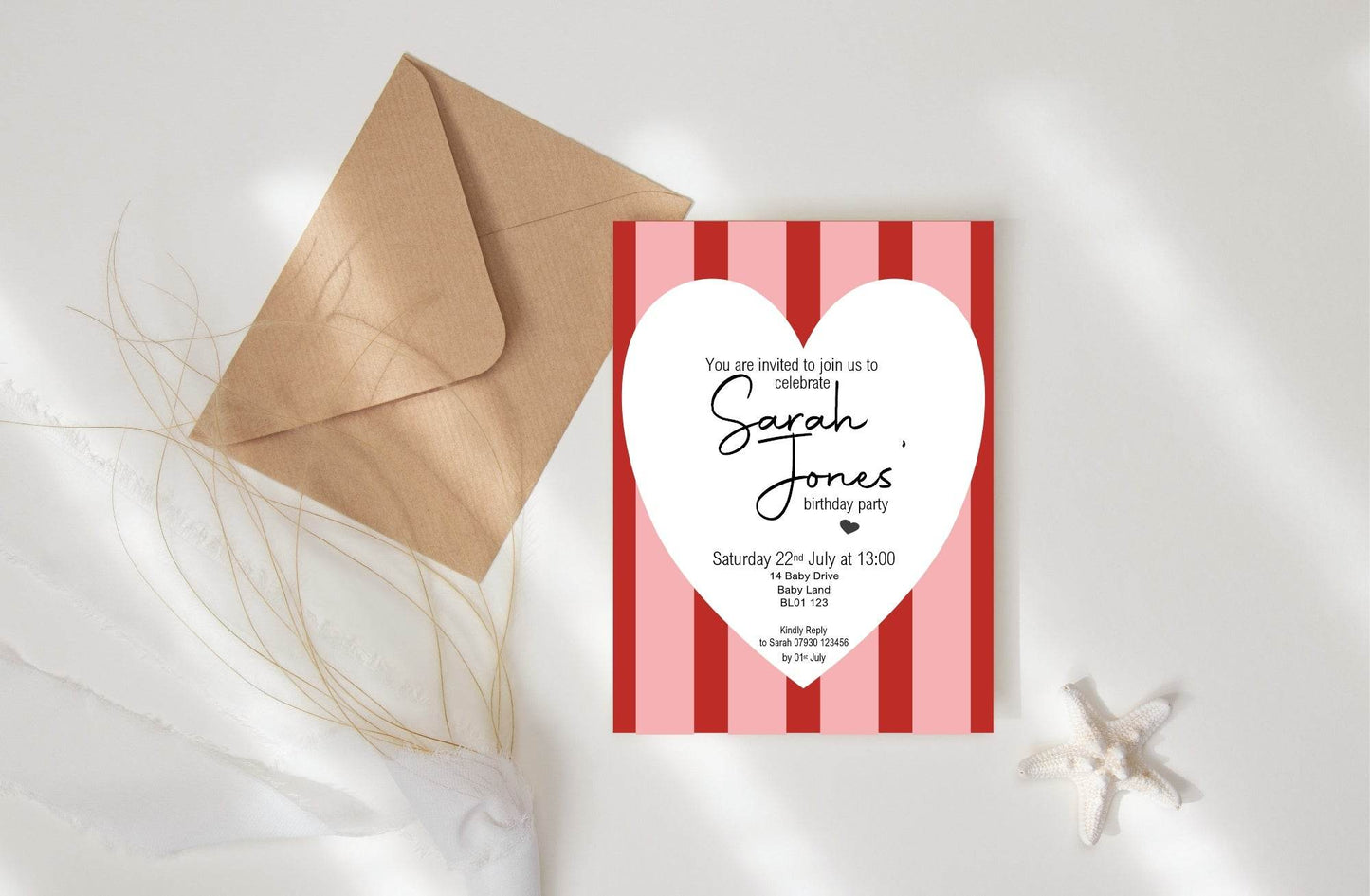 Red & Pink Birthday Party Invitations & Envelopes | Pack of 10