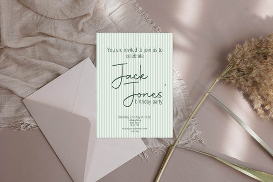 Sage Green Stripe Birthday Party Invitations & Envelopes | Pack of 10