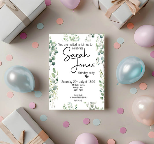 Eucalyptus Birthday Party Invitations & Envelopes | Pack of 10