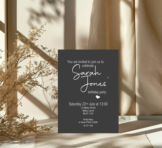 Minimalist Noir Birthday Party Invitations & Envelopes | Pack of 10