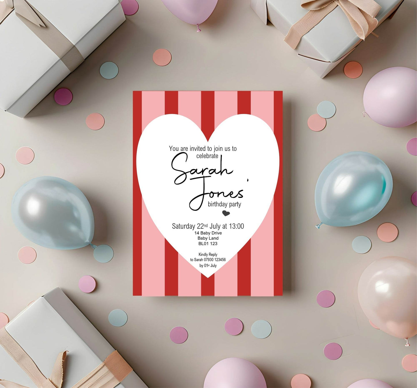 Red & Pink Birthday Party Invitations & Envelopes | Pack of 10