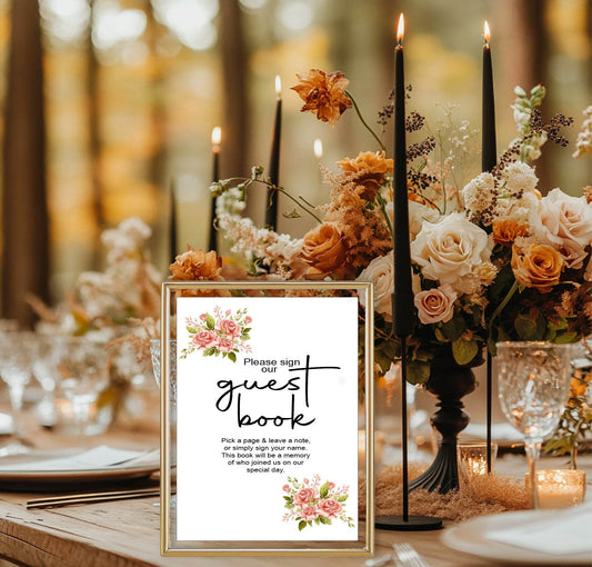 Pink Rose Guest Book Wedding Party Sign