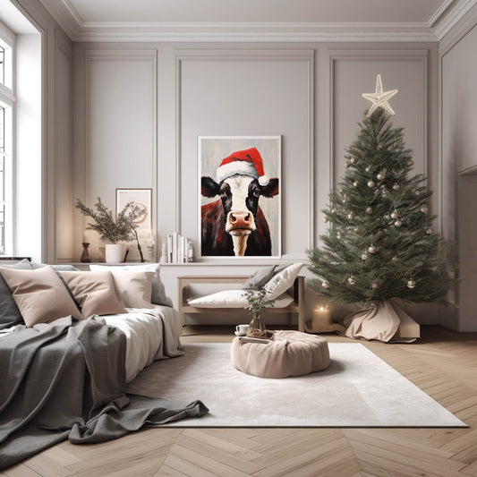 Cow In Santa Hat Oil Painting Print | Christmas Wall Art