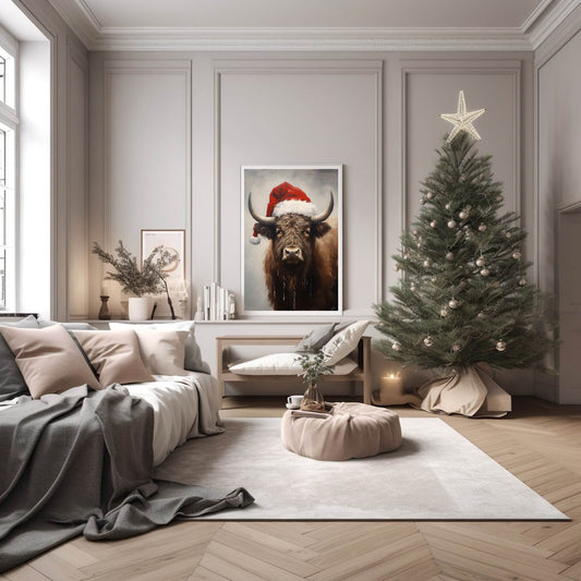 Buffalo In Santa Hat Oil Painting Print | Christmas Wall Art