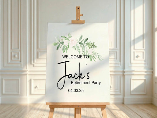 Green & White Rose Welcome Retirement Party Sign