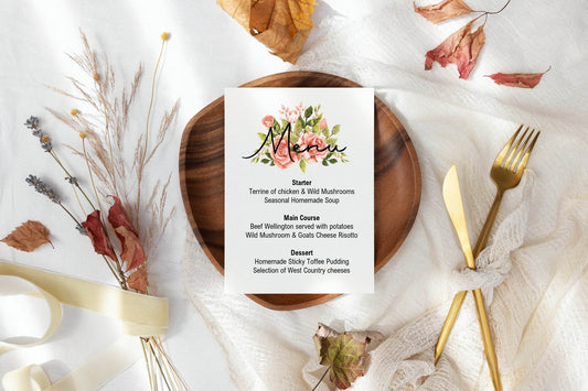 Pink Rose A5 Menu Wedding Party Signs | Pack of 10