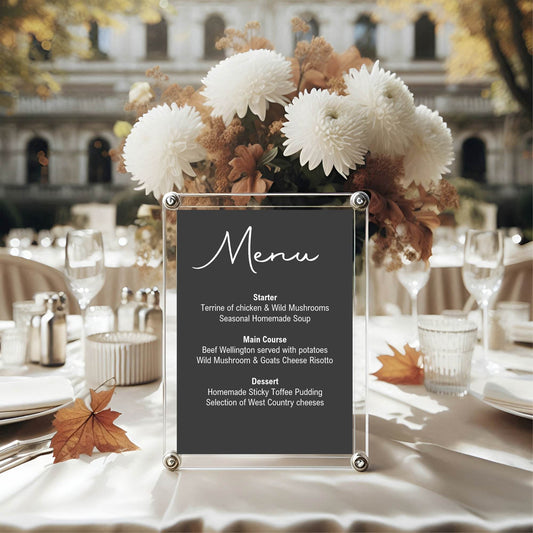 Minimalist Noir A5 Menu Wedding Party Signs | Pack of 10