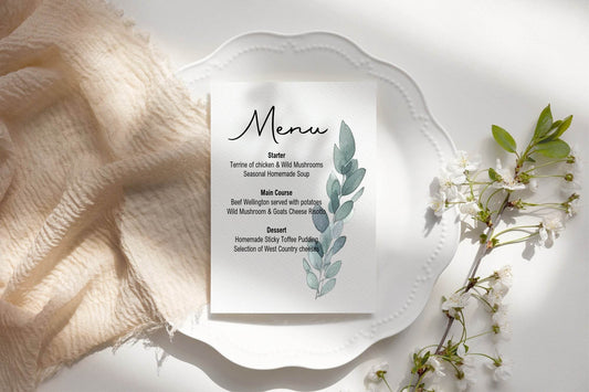 Eucalyptus A5 Menu Wedding Party Signs | Pack of 10