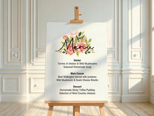 Pink Rose Menu Wedding Party Sign