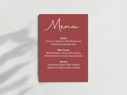Rosewood A5 Menu Wedding Party Signs | Pack of 10
