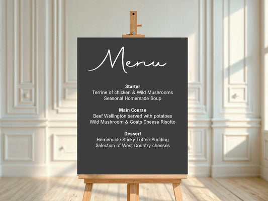 Minimalist Noir Menu Wedding Party Sign